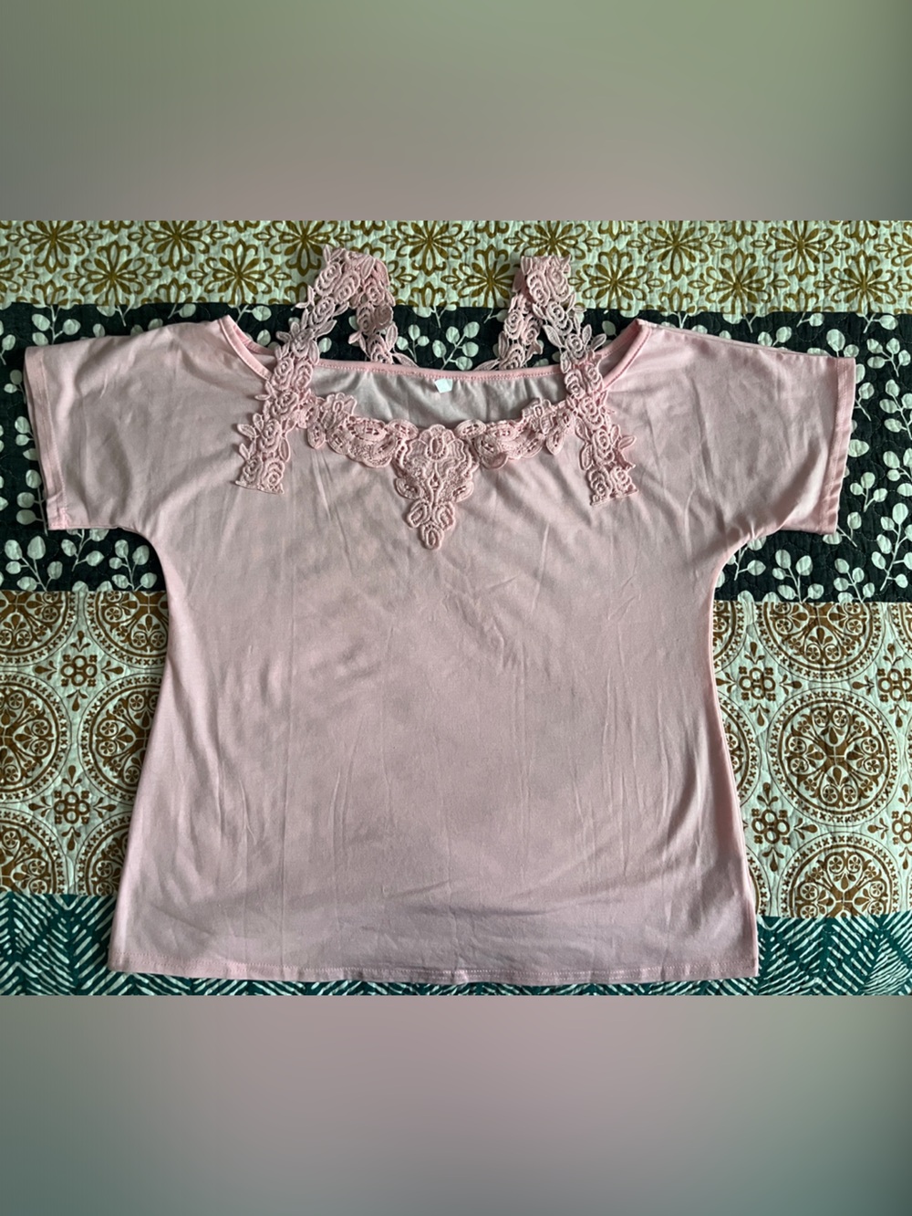 Pink Lace Trim Cold-Shoulder Top